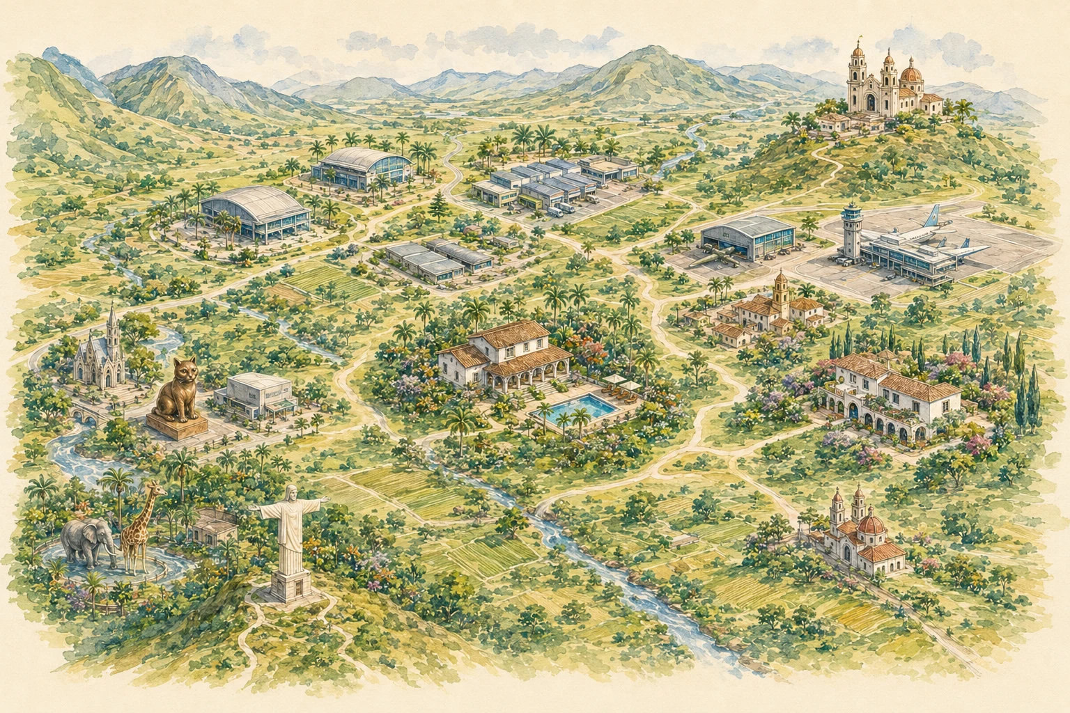 Illustrated map with Hotel Villa Bosco as the starting point, routes and places of interest in Valle del Cauca